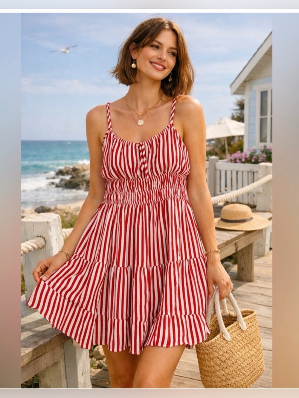 Rewind Coastal Red and White Striped Smocked Mini Dress Size L